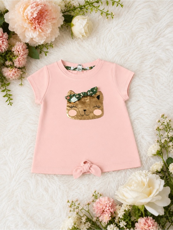 Nannette Baby Other - Girls' Short-Sleeve Pink Cat Face Tie-Hem Tee